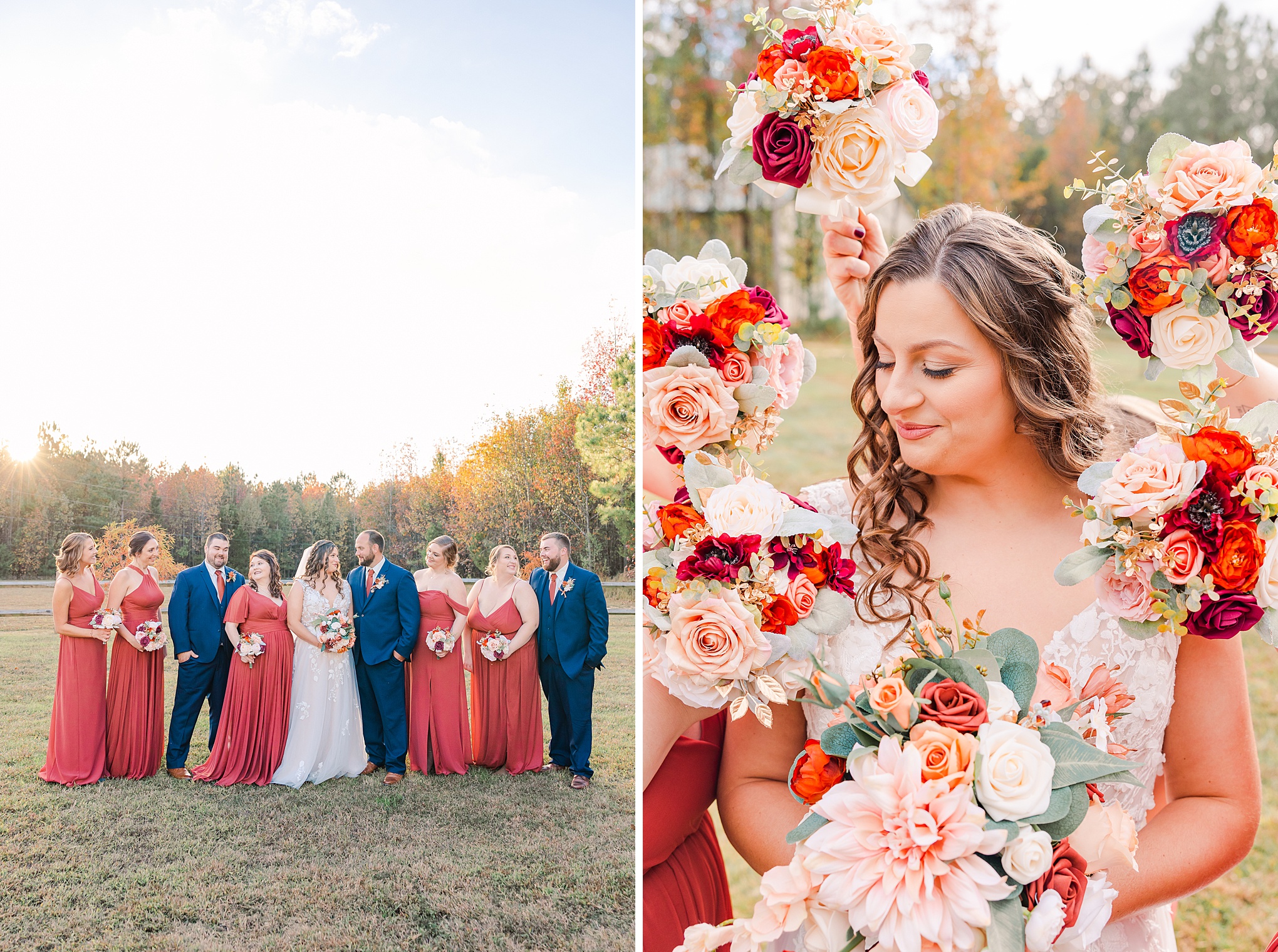 bride surrounded by bouquets 