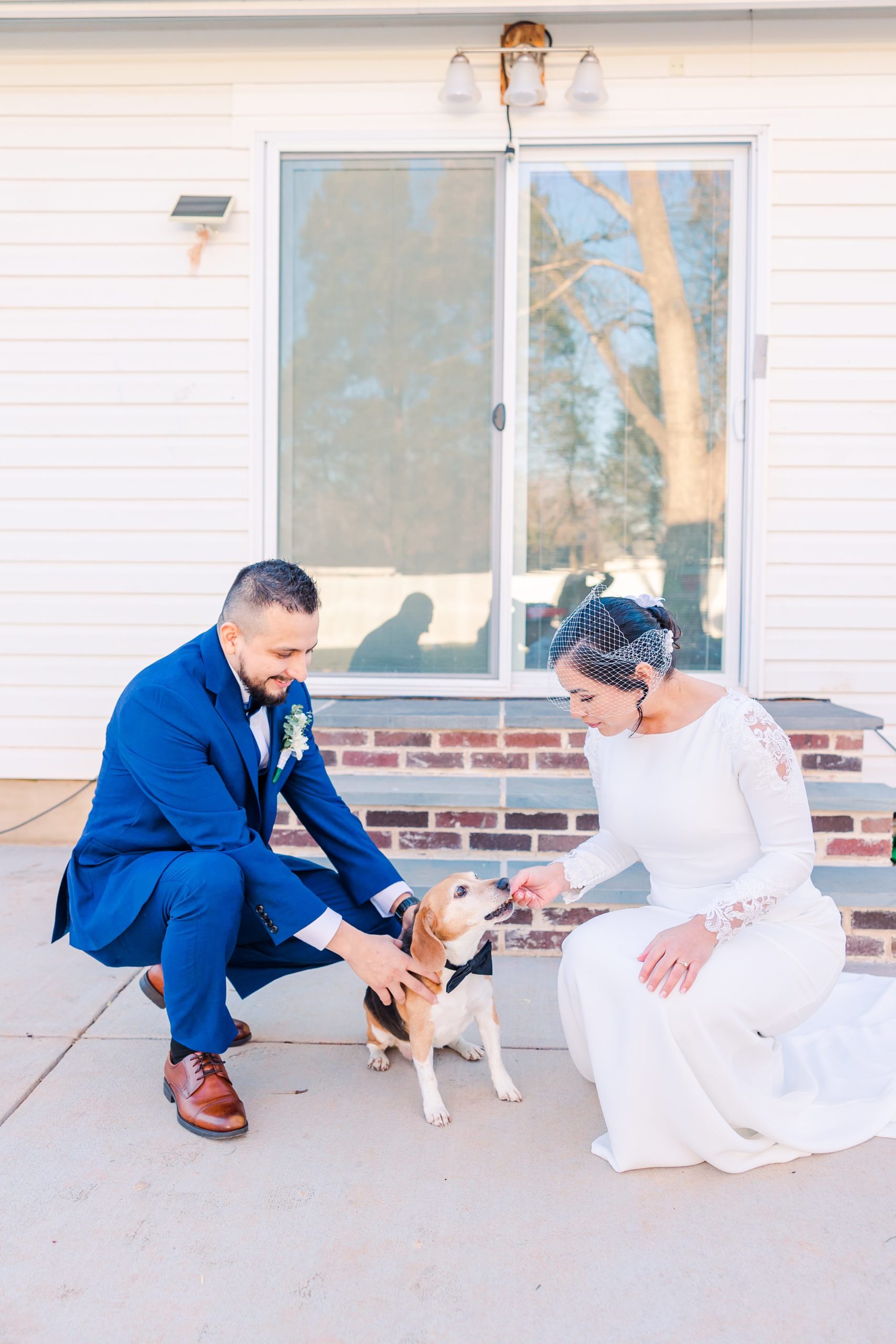 bride and groom with beagle