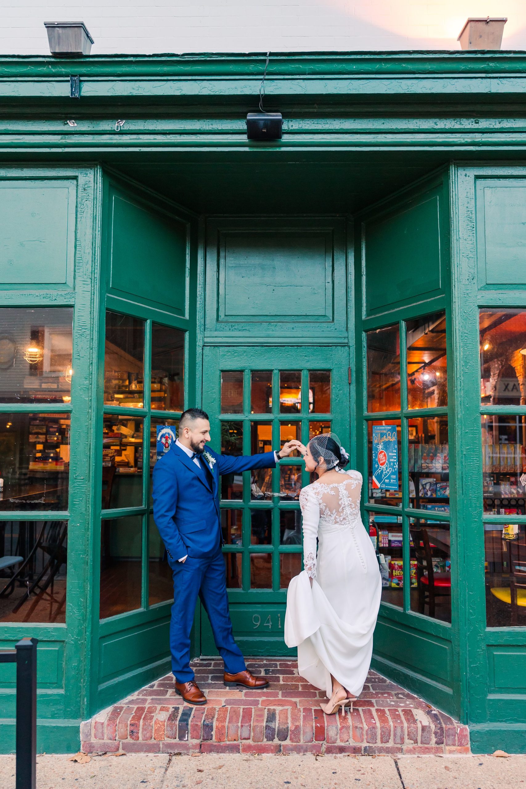 bride and groom at bookshop 