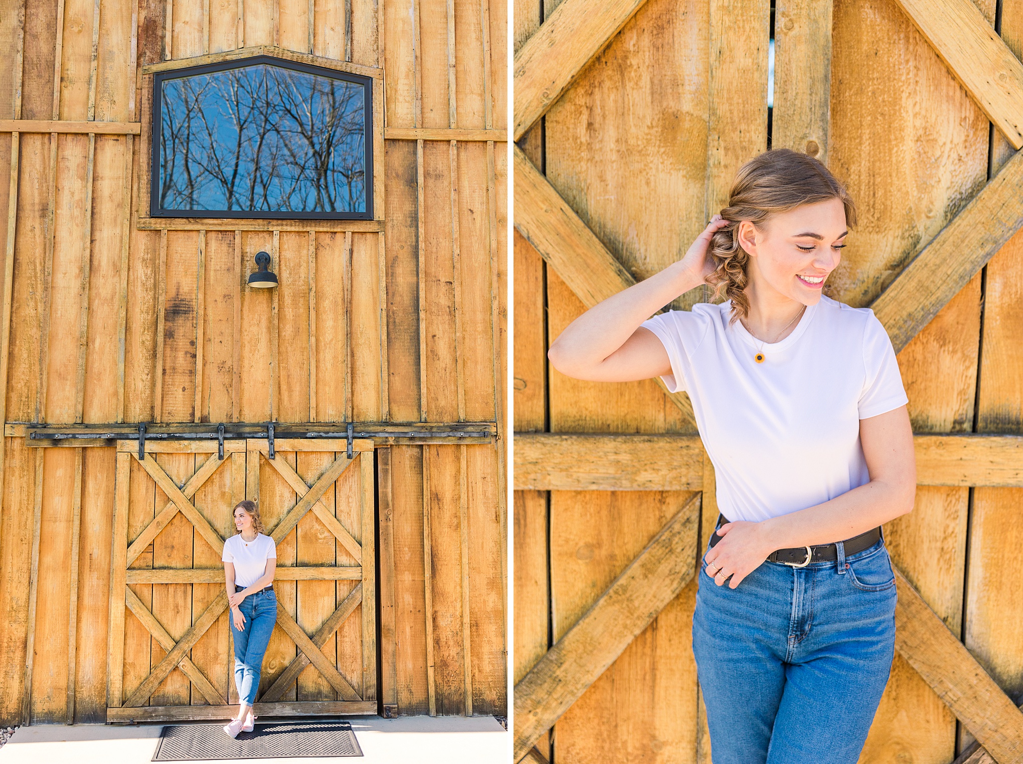 senior girl photoshoot leaned against barn door