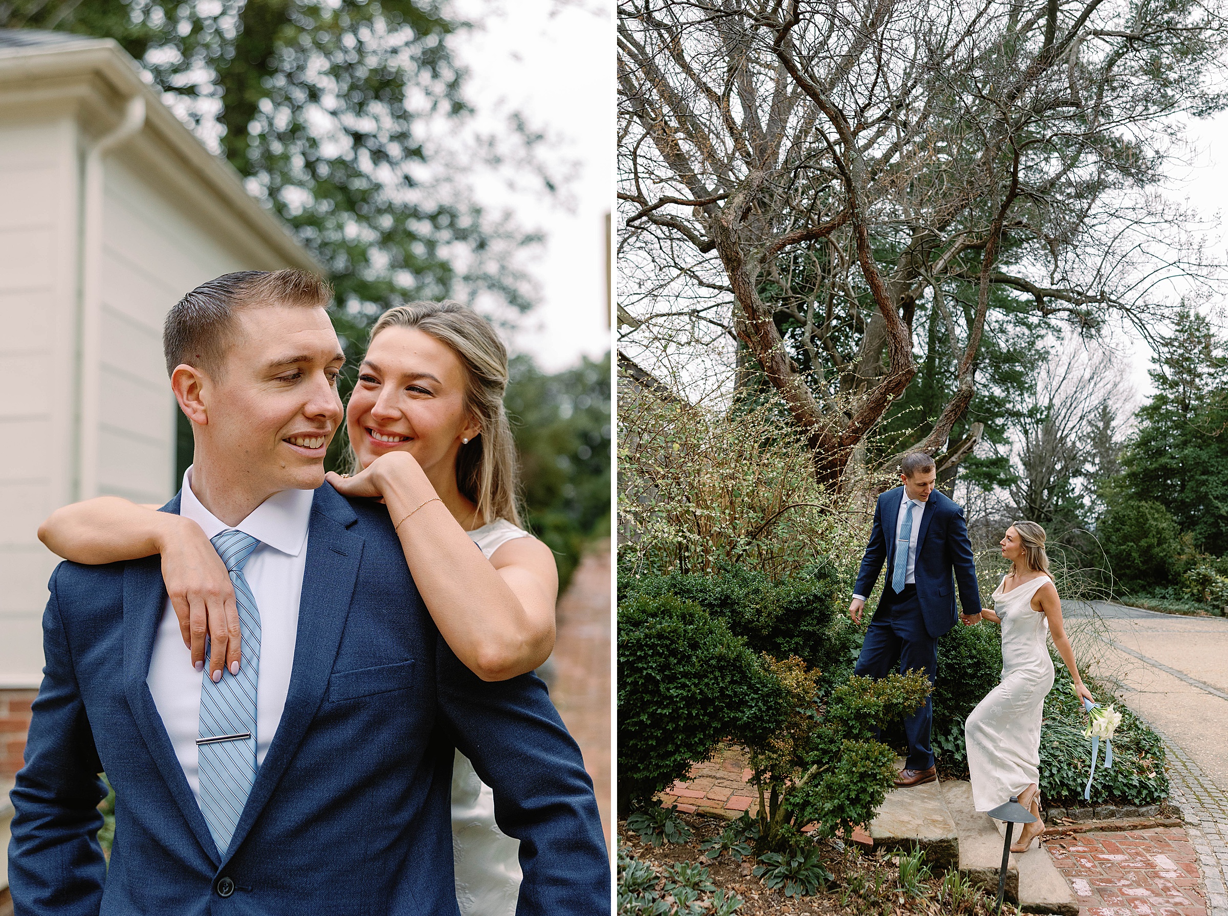 Romantic wedding portrait in front of the historic stone steps in Georgetown