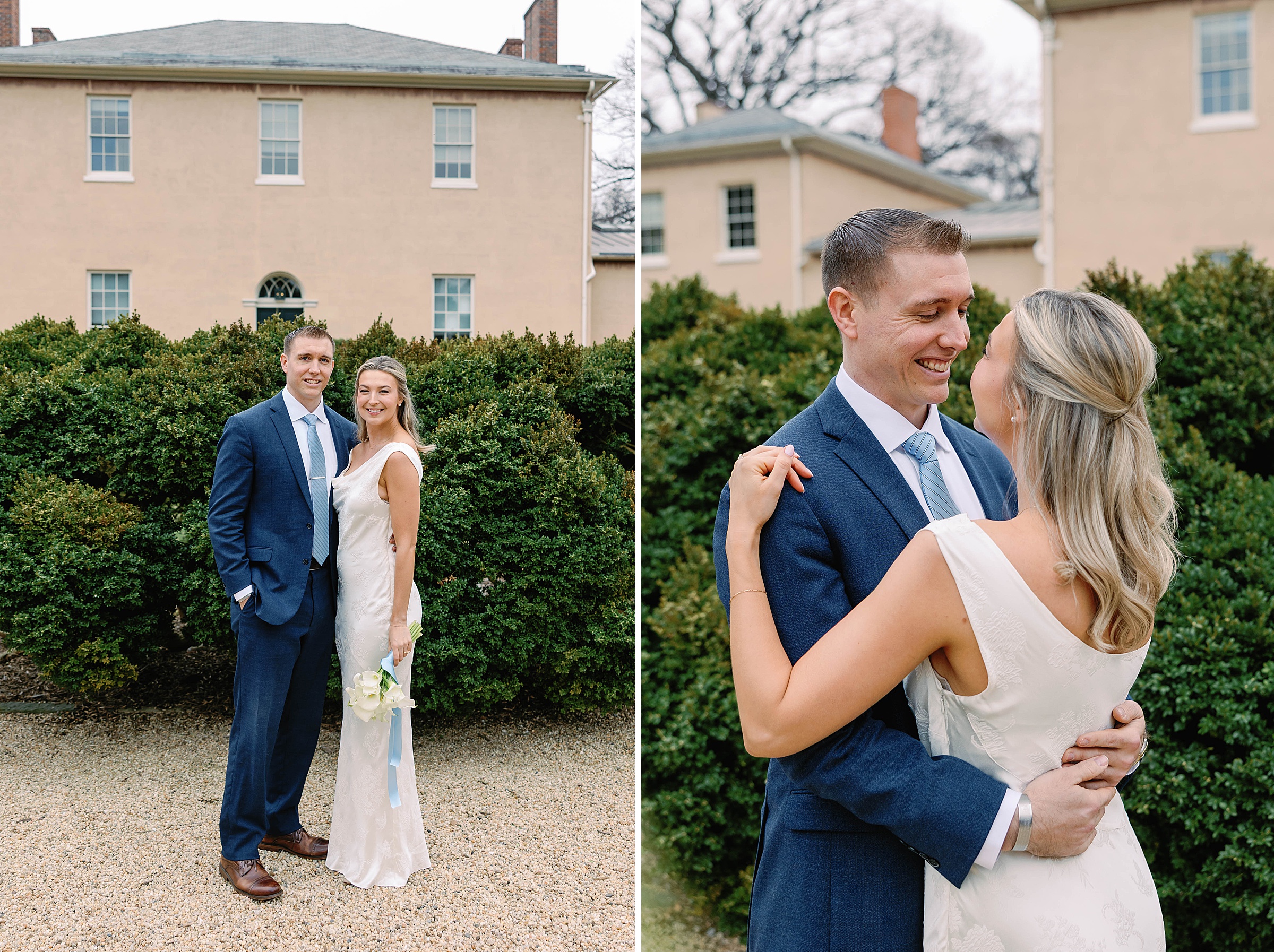 Elegant bridal portrait in front of Tudor Place's neoclassical architecture