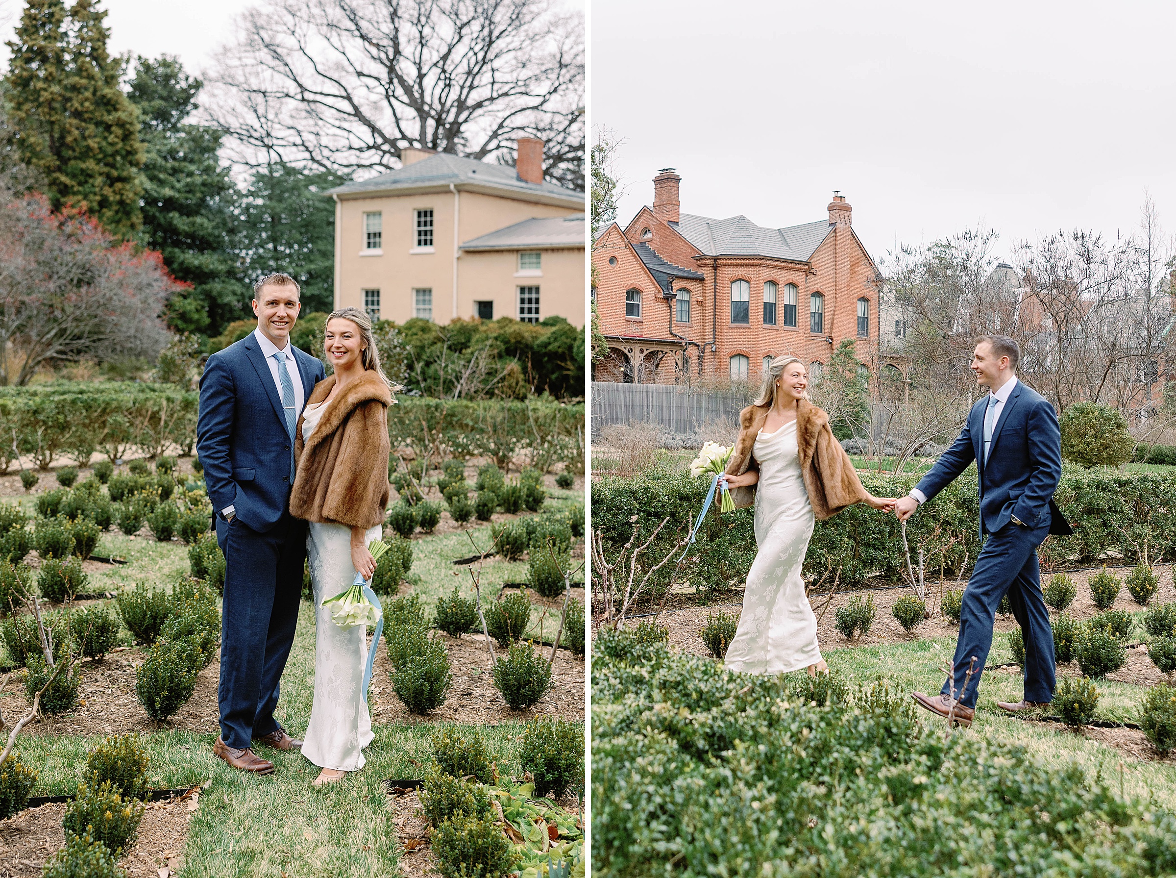 Candid moment of bride walking through Tudor Place grounds on her wedding day