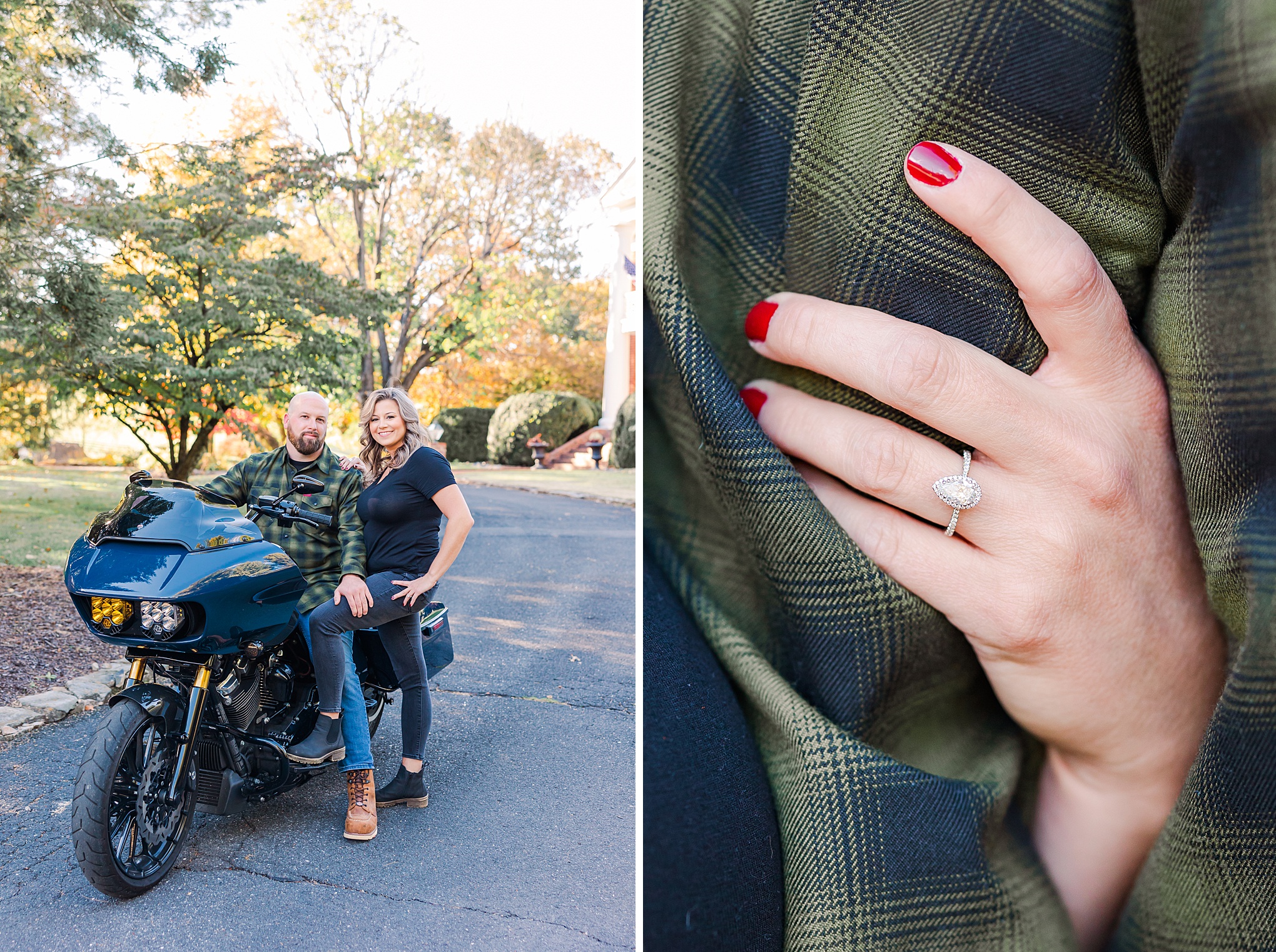 engaged couple on motorcycle