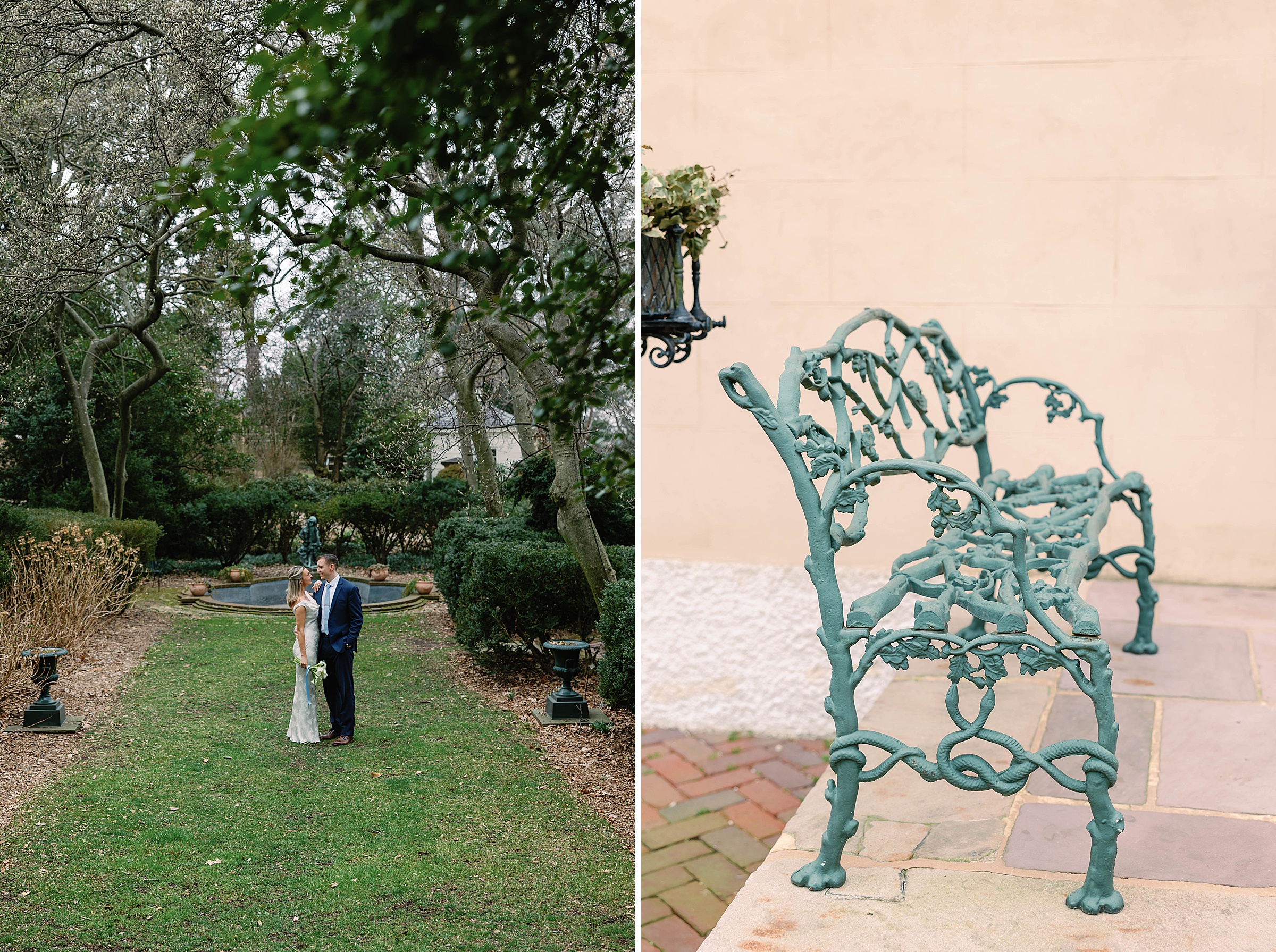 Bride and groom share a quiet moment in the gardens of Tudor Place, captured by DC wedding photographer